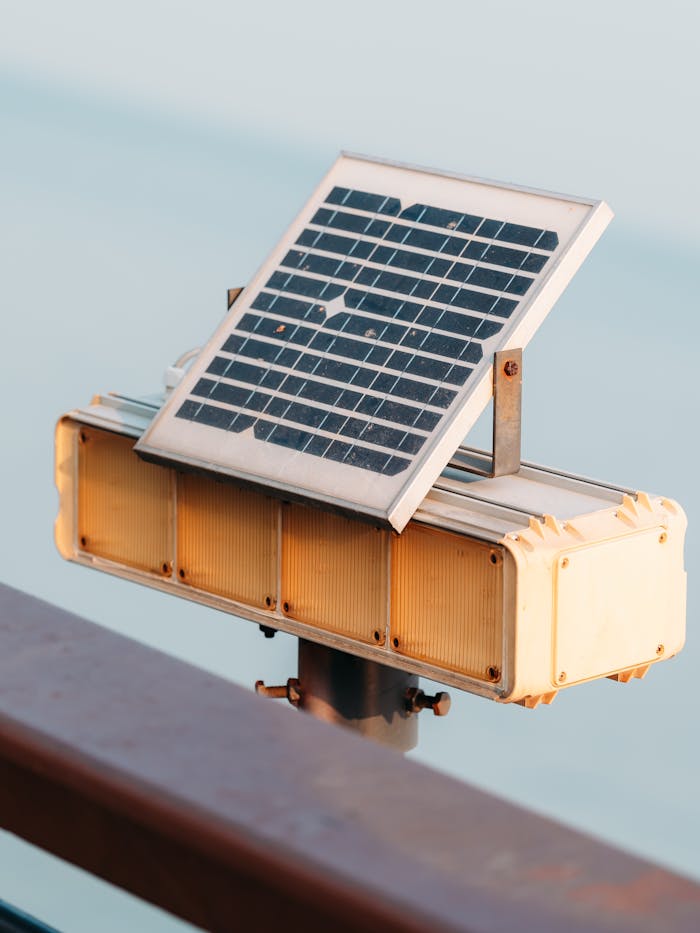 Close-up of a solar panel mounted on a metal support outdoors in daylight.